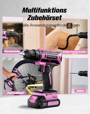 Акумуляторний шурупокрут-дрель 20V, 56 шт. у наборі, 42Nm, LED-підсвітка, рожевий, для дому та майстерні