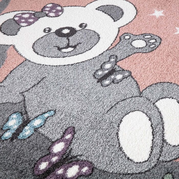 Дитячий килим Carpet City Teddy-Bär рожевий, сірий 190x280 см – короткий ворс, зірки, метелики, м'який ворс
