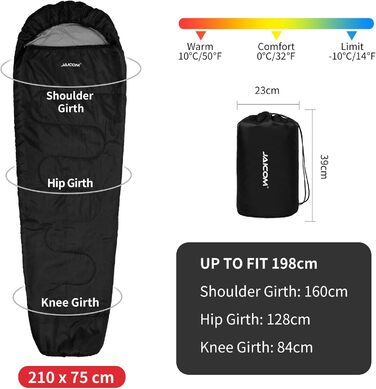 Сплячий мішок 3/4 сезонів Ultraleicht Mumienschlafsack (800г/1600г) для дорослих – Outdoor, кемпінг, трекінг, відпочинок в приміщенні (Чорний)