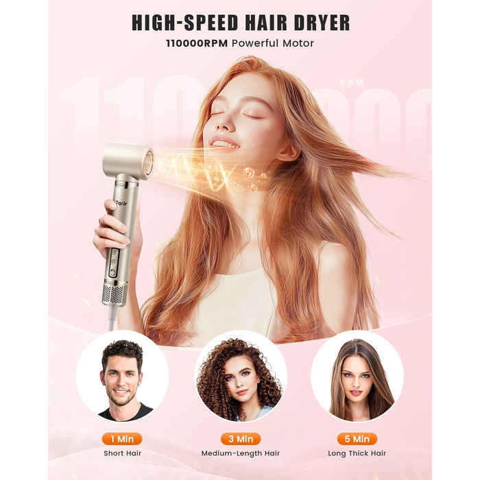 Airstyler 8-в-1: комплект для укладки та сушки волосся з автоматичною завивкою, щіткою, концентратором, дифузором, швидка сушка, без пошкодження волосся, золото
