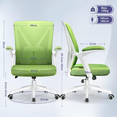 Ергономічне крісло для офісу з регульованою поперековою підтримкою, відкидними підлокітниками, поворотним механізмом і регулюванням висоти, зелене