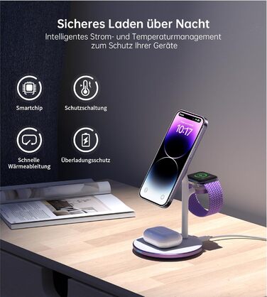 3-в-1 Бездротова Зарядка для Багатьох Пристроїв: iPhone, iWatch, AirPods (15W, MagSafe, Lila)
