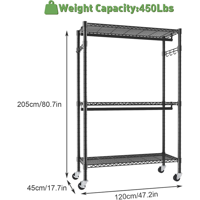 Вішалка для одягу на коліщатках металева з полицею та гачками, чорна 120x45x205 см