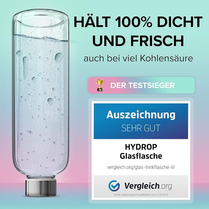 HYDROP® TEST WINNER Glass Bottle 1 Liter with Protective Sleeve - Shatterproof - Drinking Bottle Glass in 1L or 750ml, Suitable for Carbonated Drinks & Leak-Proof - Glass Water Bottle with High-Quality Gift Packaging