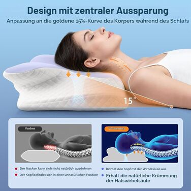 Ергономічна подушка з ефектом пам'яті Memory Foam для шиї та голови, ортопедична подушка для сну на боці, регульована висота, 62x41x13/11 см, світло-фіолетова