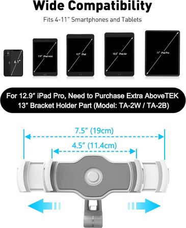 Підставка для планшету та смартфона AboveTEK з присосками, 360° обертання, для iPad/Android (4-11 дюймів), авто/дім/офіс, білий