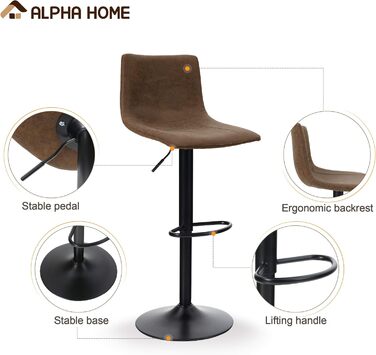 ALPHA HOME Барні стільці 2 шт. Регульована висота, поворотні, для кухні, з підніжкою та спинкою, PU шкіра, коричневі