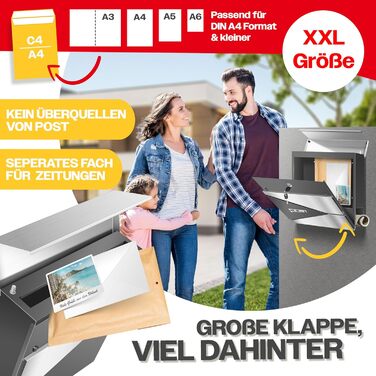 Поштовий ящик KESSER з газетницею, нержавіюча сталь, сріблясто-антрацитовий, з 2 ключами, настінний, з м'яким закриттям кришки, з кріпленням