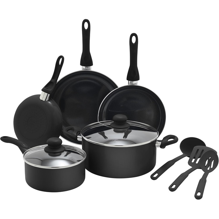 Набір кухонного посуду GreenLife Essentials 10 предметів: здорові антипригарні сковороди та каструлі з керамічним покриттям, без PFAS та PFOA, придатний для миття в посудомийній машині, рівномірний нагрів, чорний