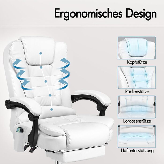 Офісне крісло Alfordson з ергономічною підтримкою попереку, регульоване, з підлокітниками та функцією масажу, PU шкіра, біле