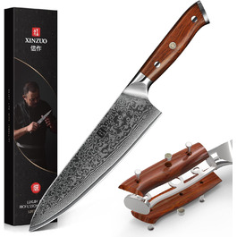 XINZUO 21cm Damascus Chef's Knife - 67 Layer Damascus Steel Gyuto Knife for Meat, Fish & Vegetables - Professional Handcrafted Kitchen Knife with Ergonomic Rosewood Handle
