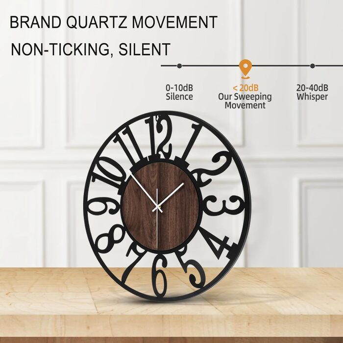 Large Wall Clock - Ticking Sounds, 34CM/14 Inch Silent, No Noise, Battery Operated, Modern, Oversized, Retro Vintage Large Wall Clock for Living Room, Bedroom, and Kitchen (14inch, Dark Brown - Arabic Numbers)