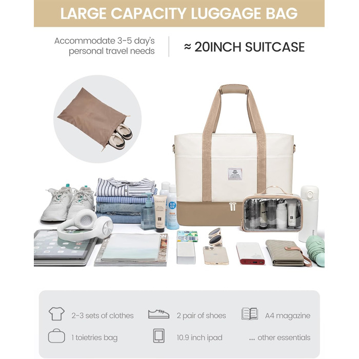Сумка-валіза LOVEVOOK для жінок, водонепроникна, 42L, зелено-бежева. Ідеальна для подорожей, спортзалу, пологів та Ryanair. Має відділення для взуття та клінічна сумка.