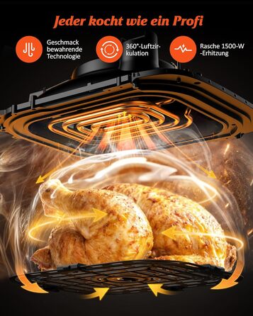 Фритюрниця повітряна Innsky 6L, 8-в-1, 1500W з LED-touchscreen, чорна. Енергозберігаюча, для 3-5 осіб, 50dB, миється в посудомийній машині