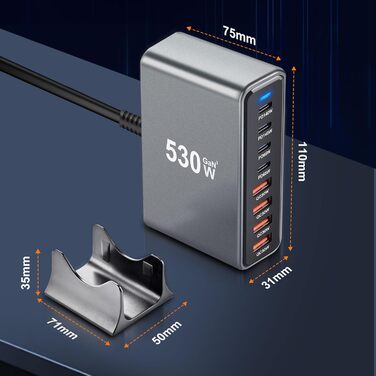 Зарядний пристрій USB-C 435W, 6 портів: для MacBook Pro/Air, iPad Pro/Air, Samsung та інших – чорний