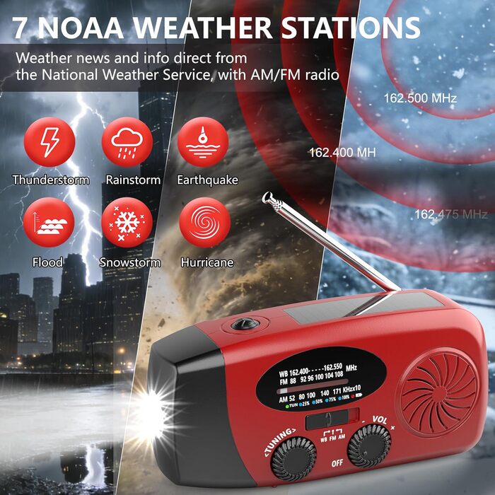 Радіо на сонячних батареях з ручним заводом 2000mAh, AM/FM/NOAA, зарядний пристрій для телефону, ліхтарик LED, червоний