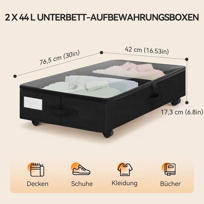 Підліжкова комода на колесах 2 шт., 48 л, ящик для зберігання під ліжком з кришкою та металевим каркасом, складаний ящик для зберігання під ліжко для одягу, постільної білизни, взуття (44л*2, блискавка)