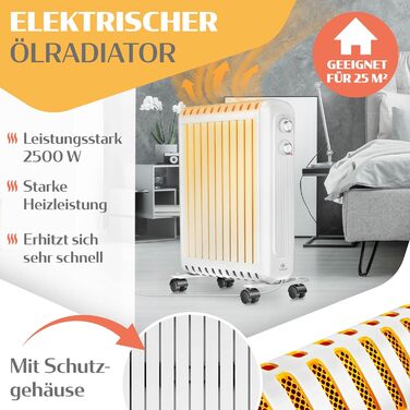 Масляний радіатор KESSER® 2500W з термостатом | Електричний обігрівач, 3 режими нагріву, білий