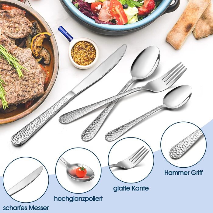 Herogo Cutlery Set 12 People, 60-Piece Stainless Steel Cutlery Set with Knife, Fork, Spoon, Elegant Hammered Silverware for Home/Party/Restaurant, Dishwasher Safe, Rustproof, Polished