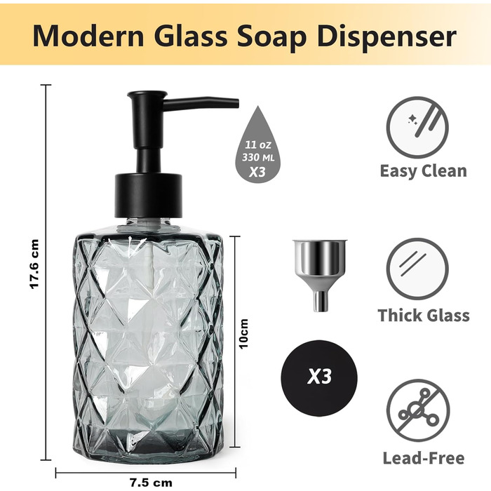 Набір з 3 скляних дозаторів для мила Omtofo, 330 мл, чорний, з нержавіючою сталею, для ванної кімнати