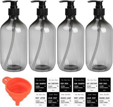 4 шт. Наповнювані порожні флакони для шампуню, 500 мл дозатори для мила, флакони з помпою з пластику, дозатори для лосьону, рідкого мила, шампуню, кондиціонера, гелю для душу, наклейки (прозорий чорний)