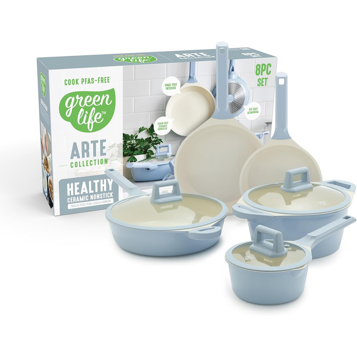 Набір кухонного посуду з кераміки 8 предметів, індукційний, нетоксичний, без PFAS, каструлі та сковороди, придатний для миття в посудомийній машині, салатовий колір