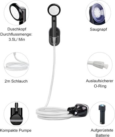 LIBERRWAY Camping Shower with Pump, Camping Shower Set with Rechargeable Battery, 2m Shower Hose Outdoor Shower for Garden, Beach, Camping, Travel, Car Washing, Mobile Shower Black (Black)
