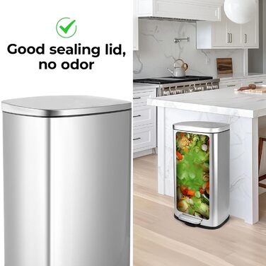 Відро для сміття LIFERUN 30л з кришкою, з м'яким закриттям, сталеве, з внутрішнім відром, для кухні, ванної кімнати, офісу