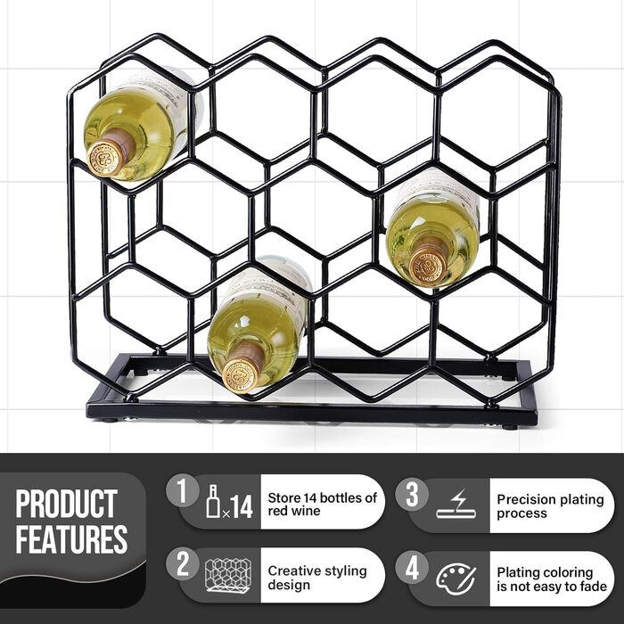 Drincarier Countertop Wine Rack, 14 Bottles, Freestanding, Modern Gold Metal, Pantry, Wine Bottle Storage (Bottles) (Black)