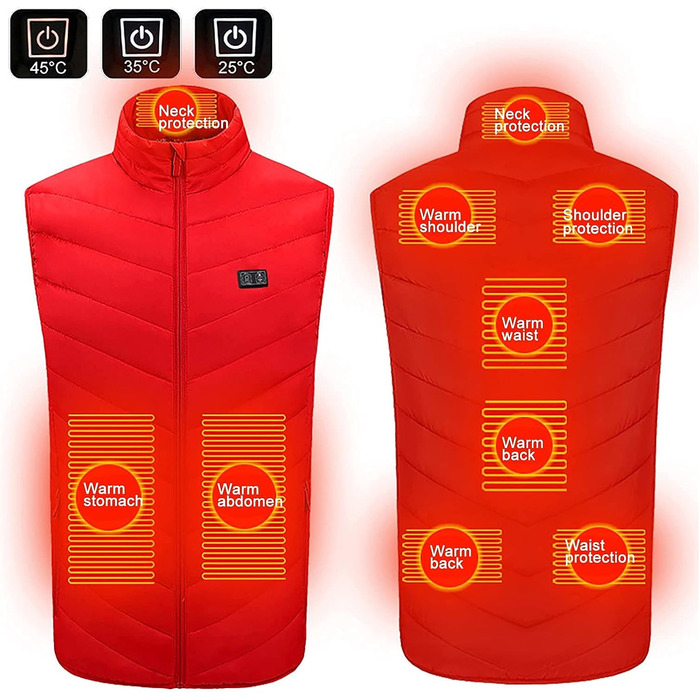 Електрична гріюча жилетка для чоловіків та жінок, 9 зон нагріву, тепла жилетка для зими, для активного відпочинку на відкритому повітрі (без Powerbank), XL, червоний