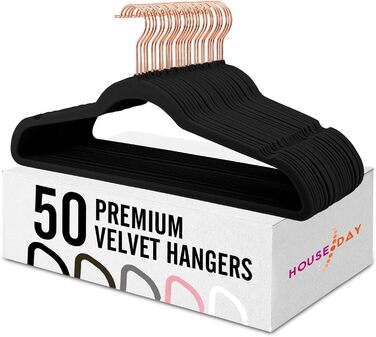 HOUSE DAY 50 Piece Velvet Clothes Hangers Black, Pant Hangers Space-Saving, Suit Hangers, Thin Non-Slip Clothes Hangers, 360° Swivel Hook, Velvet Hangers for Clothes, Tank Tops, Heavy Clothes - Black