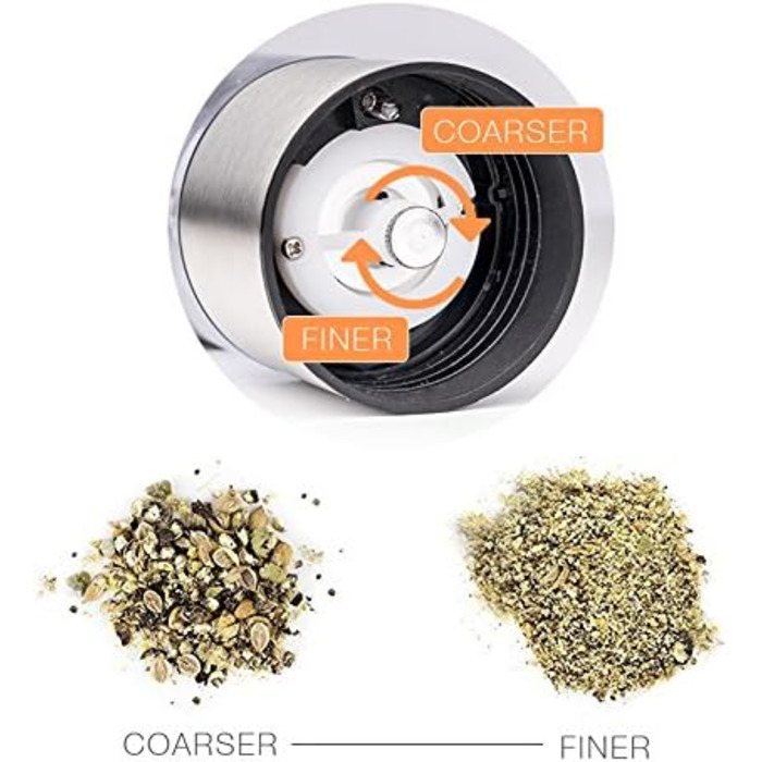 Електричні соляні та перечні мельниці 2 шт. з нержавіючої сталі, регулювання помелу, світлодіодне підсвічування (сріблясті)