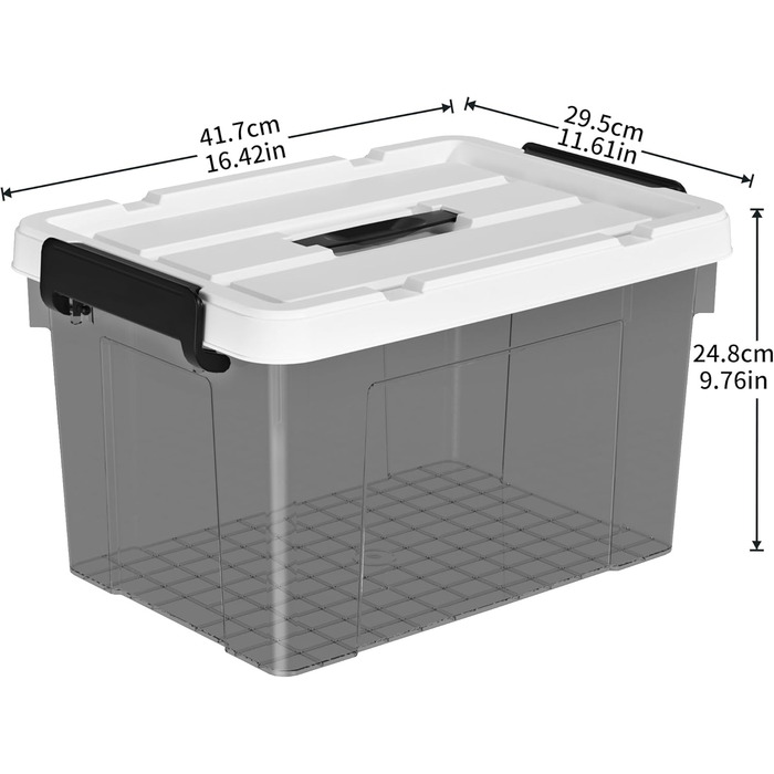 Plastic Storage Box, Tote Box, Organizing Container with Durable Lid and Secure Latching Buckles, Stackable and Nestable, 4-Pack, Transparent Black with Black Buckle (20L x 3)