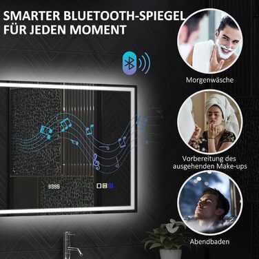 Дзеркало для ванної кімнати HOMCOM з підсвічуванням 100x80 см LED, Bluetooth, годинник, 3 кольори світла, проти запотівання, сенсорне керування, срібло