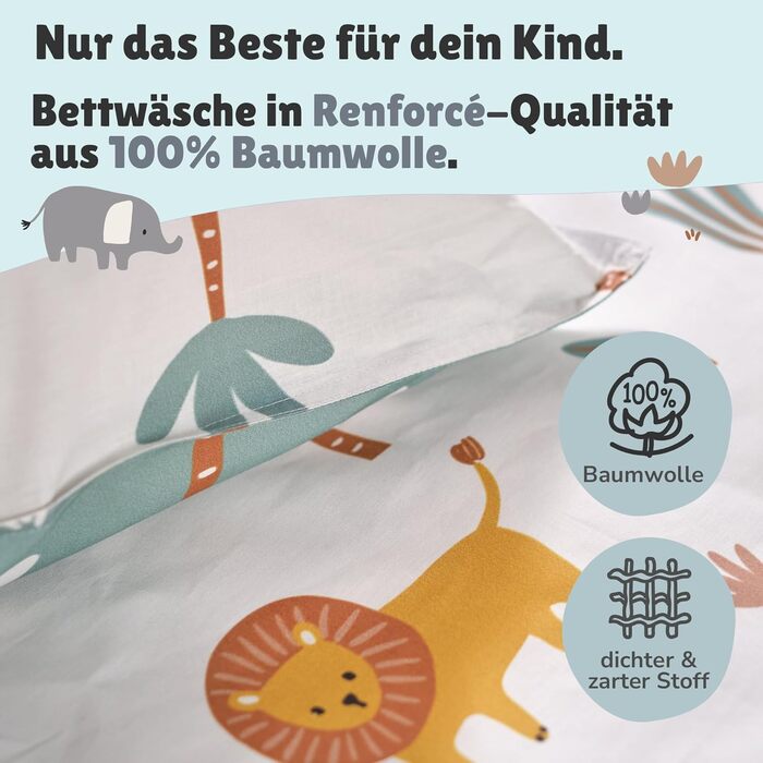 Дитяча постільна білизна комплект (2-частини) з 100% бавовни Oeko-Tex - ковдра 100x135 см та подушка 40x60 см з блискавкою. Дитяча постіль, дихаюча, регулює температуру, Сафарі з тваринами
