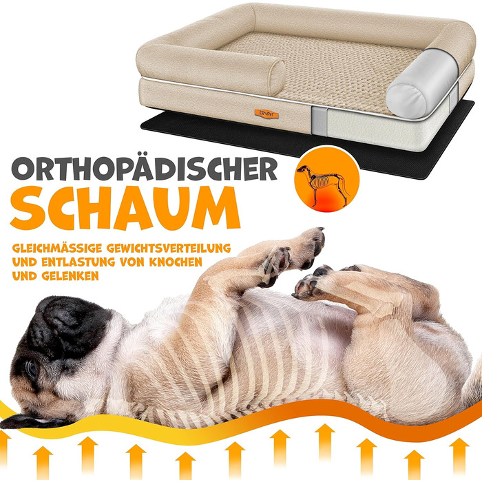 Orthopedic Dog Bed, Dog Cushion, Dog Basket, Relax, Incl. Bowl + 3x Chew Bones, Dog Sofa for Small, Medium & Large Dogs, Removable and Washable Cover, 91x71x22cm (XL (120 x 85 x 25 cm), Beige)