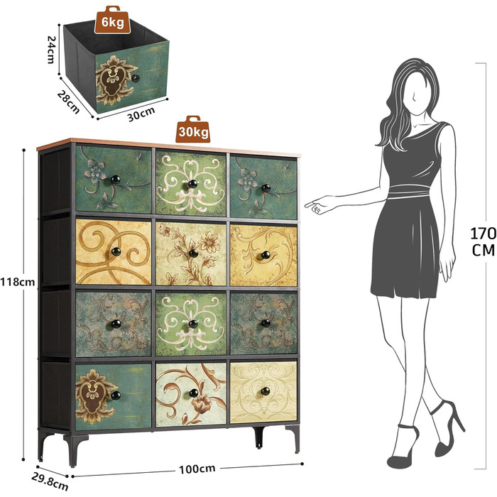 LYNCOHOME Chest of Drawers Cabinet with 8 Fabric Drawers, Sideboard with Fabric Drawers, Drawer Cabinet for Kitchen, Office, Hallway, TV Stand with Fabric Drawers (29.8D x 100W x 118H cm (12 Drawers))