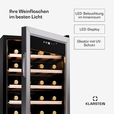 Klarstein Wine Fridge - 16/24 Bottle Wine Cooler with Glass Door - Stainless Steel - 5-18°C Temperature Control - Indoor/Outdoor Use