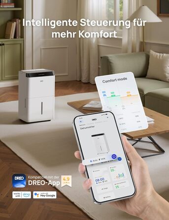 Dreo Розумний осушувач повітря /24h, для приміщень 37 м² – енергоефективний та тихий – керування через App & Alexa – 3 режими, таймер, регульована вологість, з відводом води, для спальні та ванної кімнати, білий (20L, чорний)