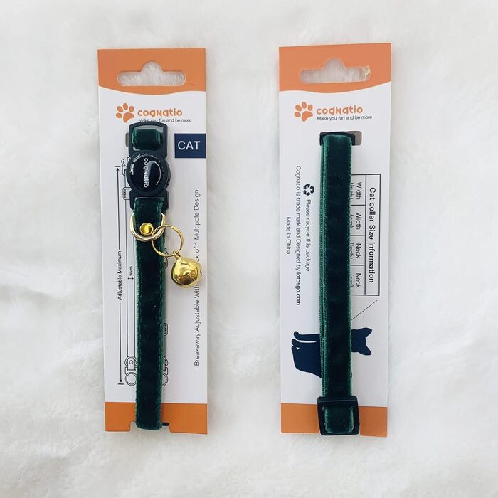 Нашийник для кота Cognatio з швидкою застібкою, з подвійного бархату, з дзвіночком, кольори: зелений (20-30 см)