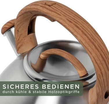 WALDWERK Water Kettle (2.3L) - Water kettle for induction and gas hob - Teapot with wood-look handle - Whistling kettle with whistle, stainless steel & plastic