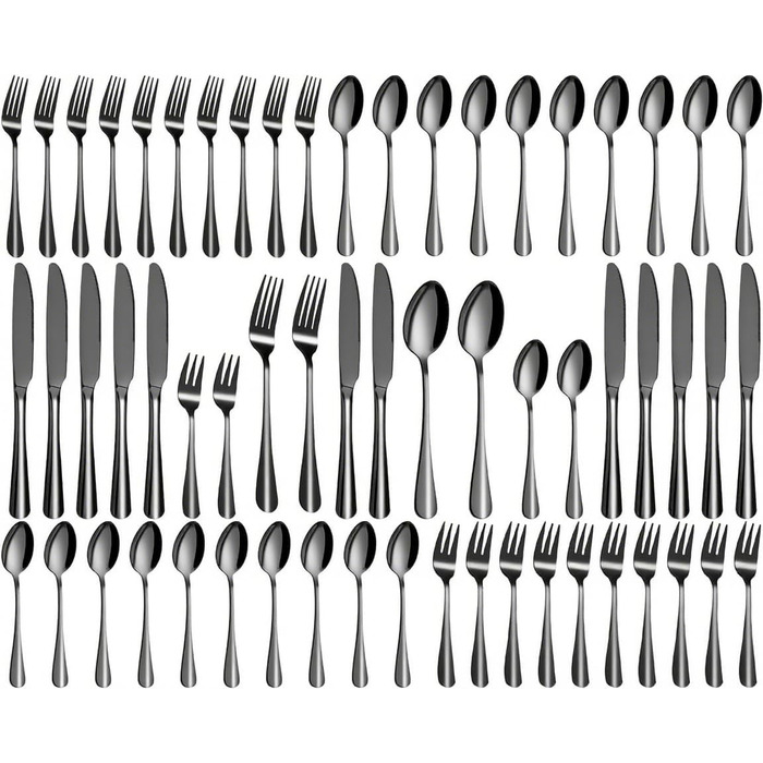 Набір столових приборів на 12 осіб, 60 предметів, чорний, з нержавіючої сталі, з високоглянцевим покриттям, придатний для миття в посудомийній машині, елегантний чорний матовий набір, з ножем, виделкою, ложкою, для дому, вечірки, ресторану