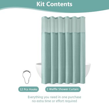 Завіса для душу з тканини вафельного плетіння FY&XZH з гачками, важка, водонепроникна, з покриттям TPU, стиль готелю з сітчастим віконцем, 2 гачки, стійкі до корозії (Зелений, 83 x 83 см)