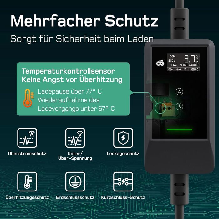 Кабель для зарядки електромобіля Type 2 Schuko 3,7kW (6-16A, 1-фазний) з LCD-дисплеєм, 5,5м, чорний