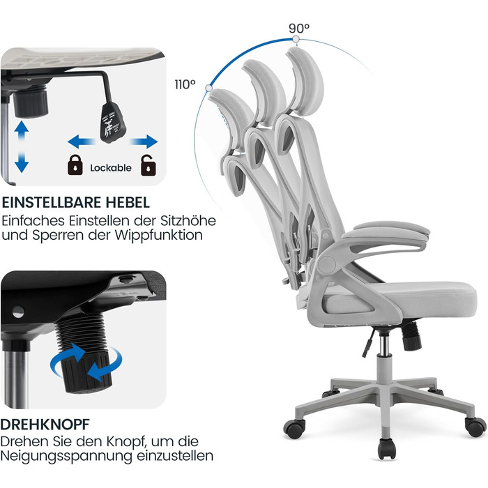 Офісний крісло Yaheetech ергономічне, з підйомними підлокітниками, поворотне з підголівником, для керівника, з функцією гойдання, до 136 кг, сірий