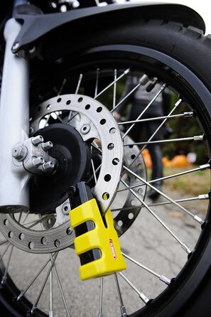 Замок на гальмівний диск ABUS Granit Sledg 77 Grip жовтий, мотозамок з циліндром XPlus, рівень безпеки 17, з нагадувальним тросом