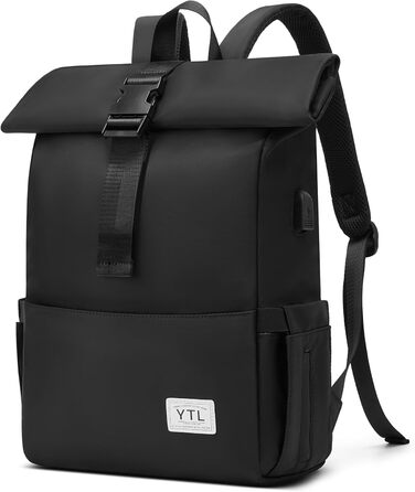 Чорний водонепроникний рюкзак YTL Rolltop з відділенням для ноутбука 17 дюймів. Ідеальний для подорожей, школи, університету та велоспорту.