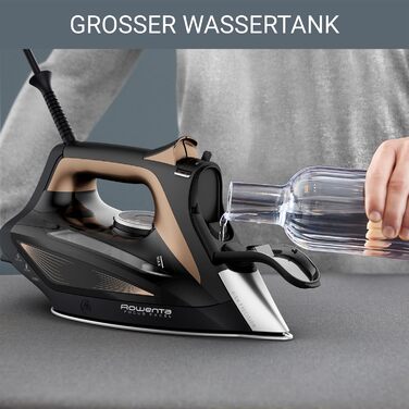Rowenta DW5325 Focus Excel Steam Iron | 2700 Watts | 45 g/min continuous steam emission | 180 g/min steam boost | Drip Stop | Anti-scale setting | 300 ml water tank | Black/Copper 180g/min steam boost - 400 steam holes
