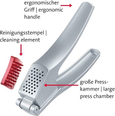 Прес для часнику Westmark з великою камерою та елементом для чищення, 16.2 см, алюміній/пластик, срібно-червоний, 30082260 Josie