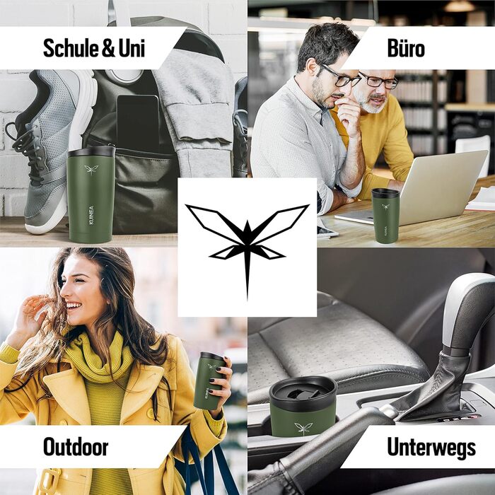 Термокружка для кави KUINEA To Go 350 мл, нержавіюча сталь, 6 годин тепла, з гігієнічним клапаном, без BPA, зелена